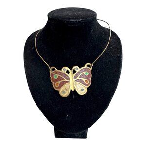 Vintage India Butterfly Necklace Antique Brass & Enamel Pendant Large Statement